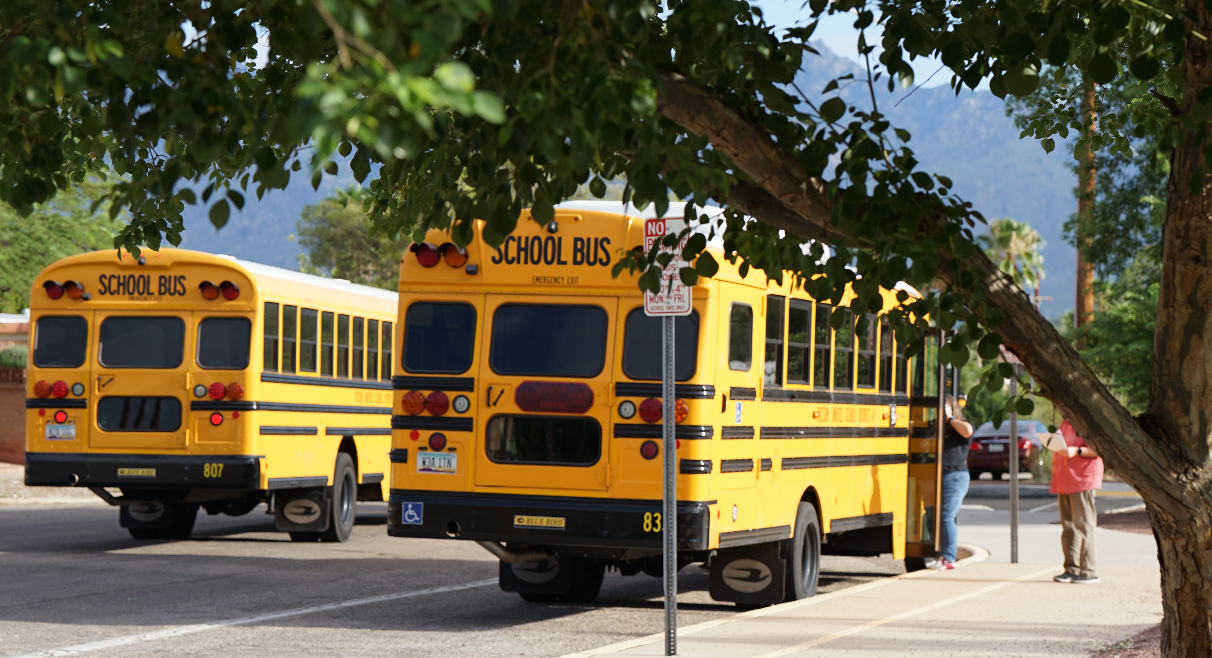 School buses line up outside Henry on the second day of school