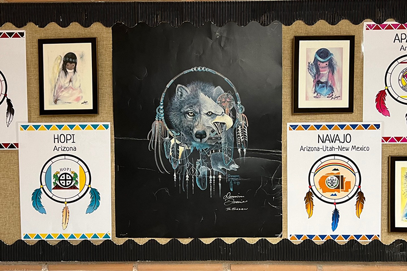 A display of artwork from different Native American communities